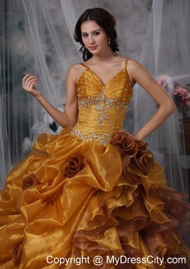 Ball Gown Spaghetti Straps Organza Beading Sweet 15 Dress